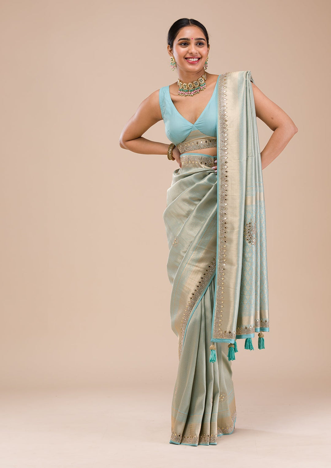 Sky Blue Mirrorwork Silk Saree-Koskii