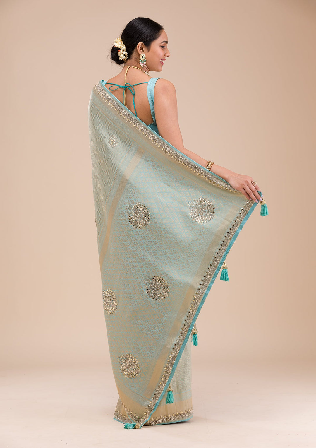 Sky Blue Mirrorwork Silk Saree-Koskii