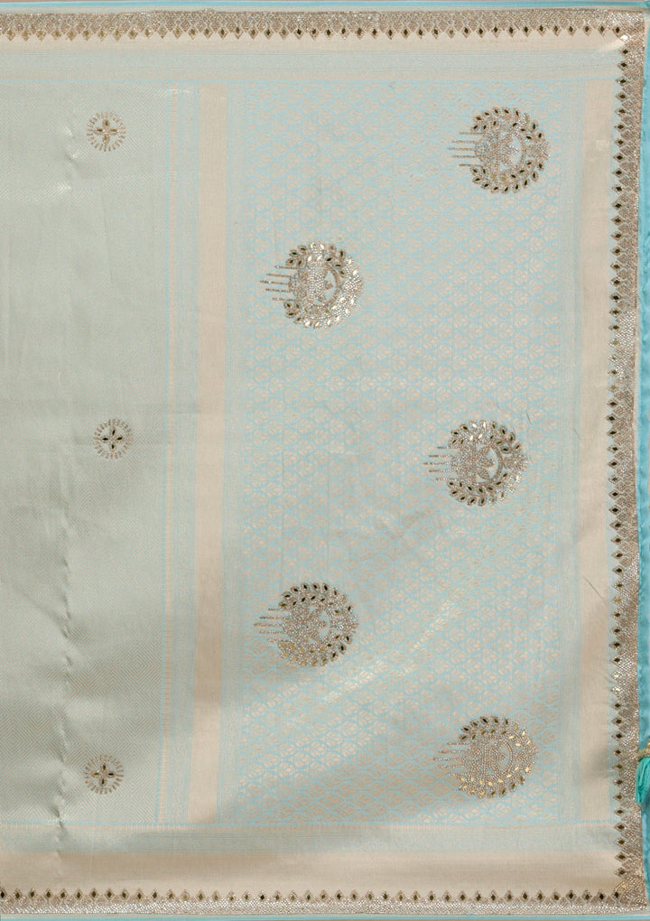 Sky Blue Mirrorwork Silk Saree-Koskii