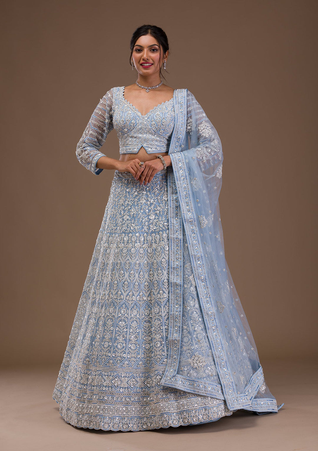 Sky Blue Pearlwork Net Readymade Lehenga-Koskii