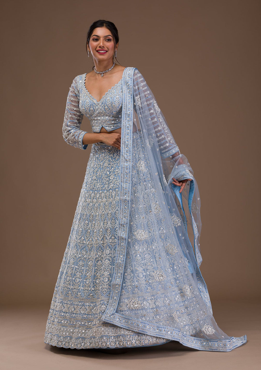 Sky Blue Pearlwork Net Readymade Lehenga-Koskii