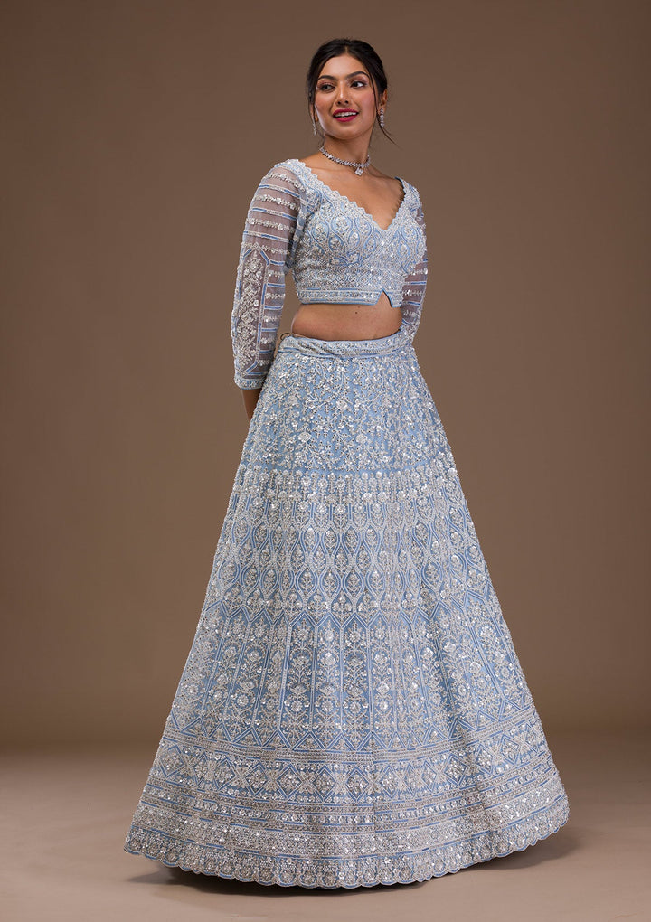 Sky Blue Pearlwork Net Readymade Lehenga-Koskii