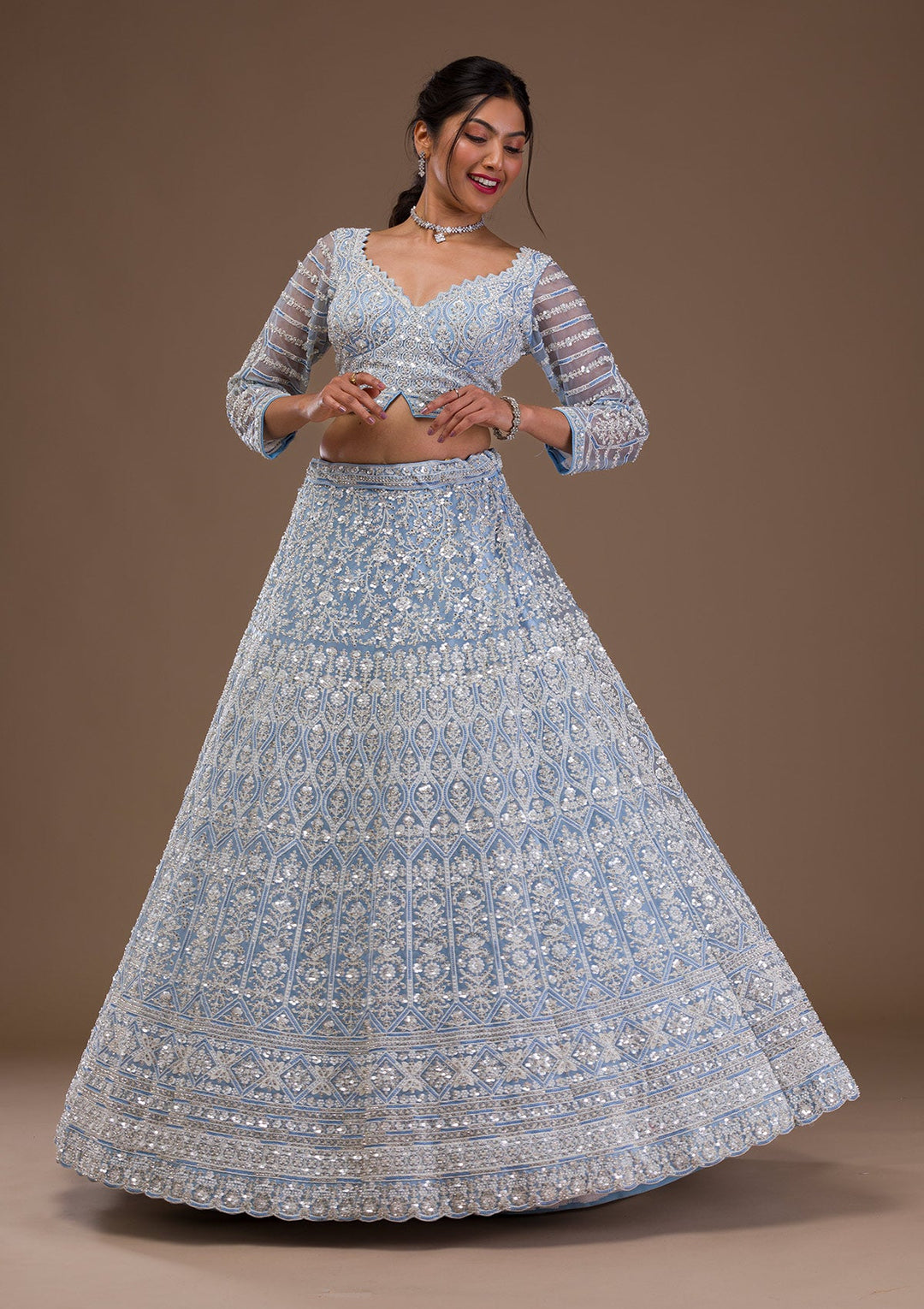 Sky Blue Pearlwork Net Readymade Lehenga-Koskii