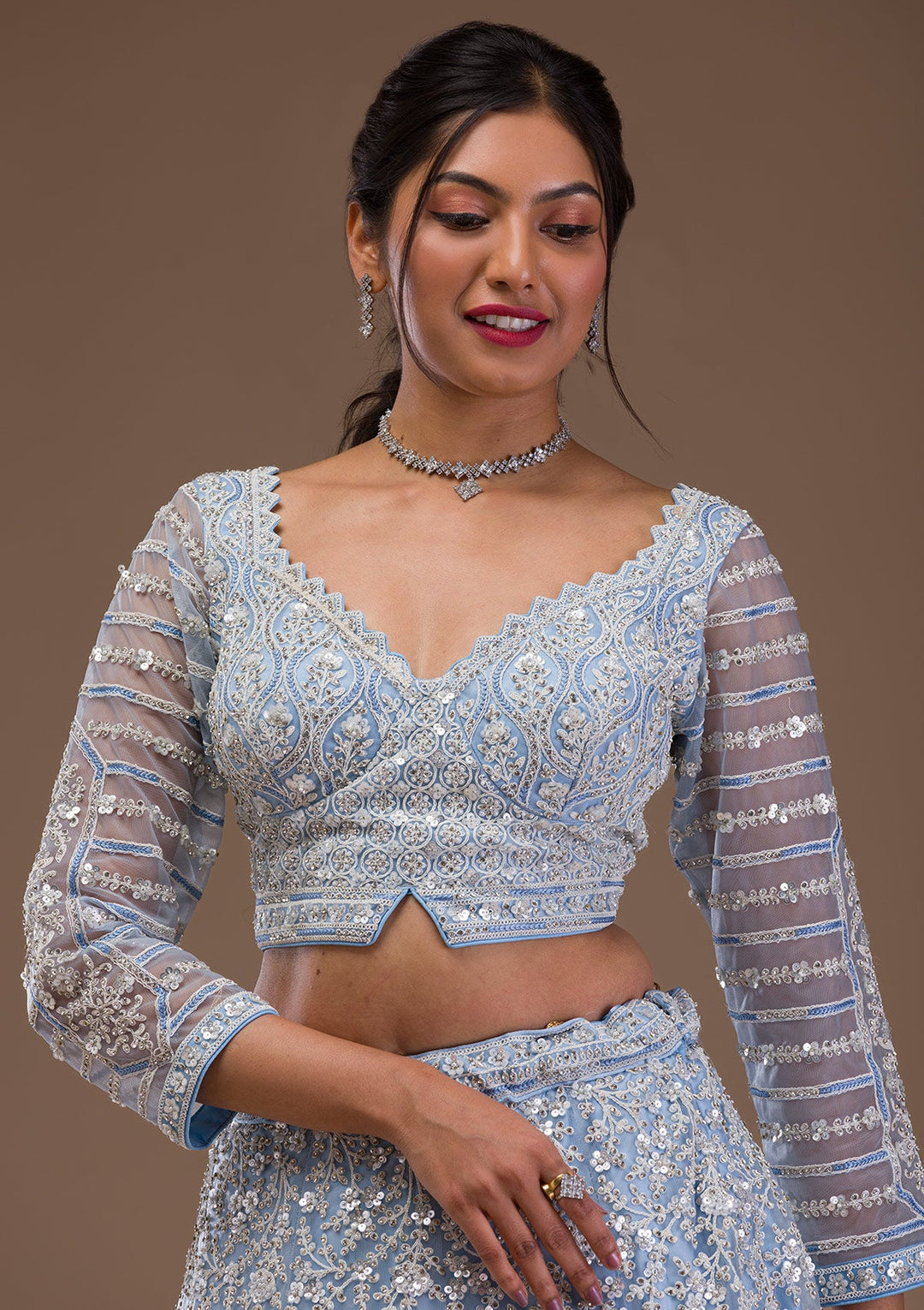 Sky Blue Pearlwork Net Readymade Lehenga-Koskii