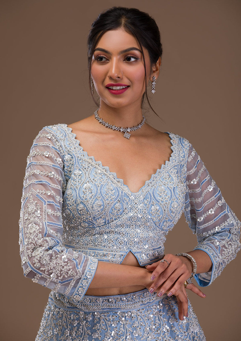 Sky Blue Pearlwork Net Readymade Lehenga-Koskii