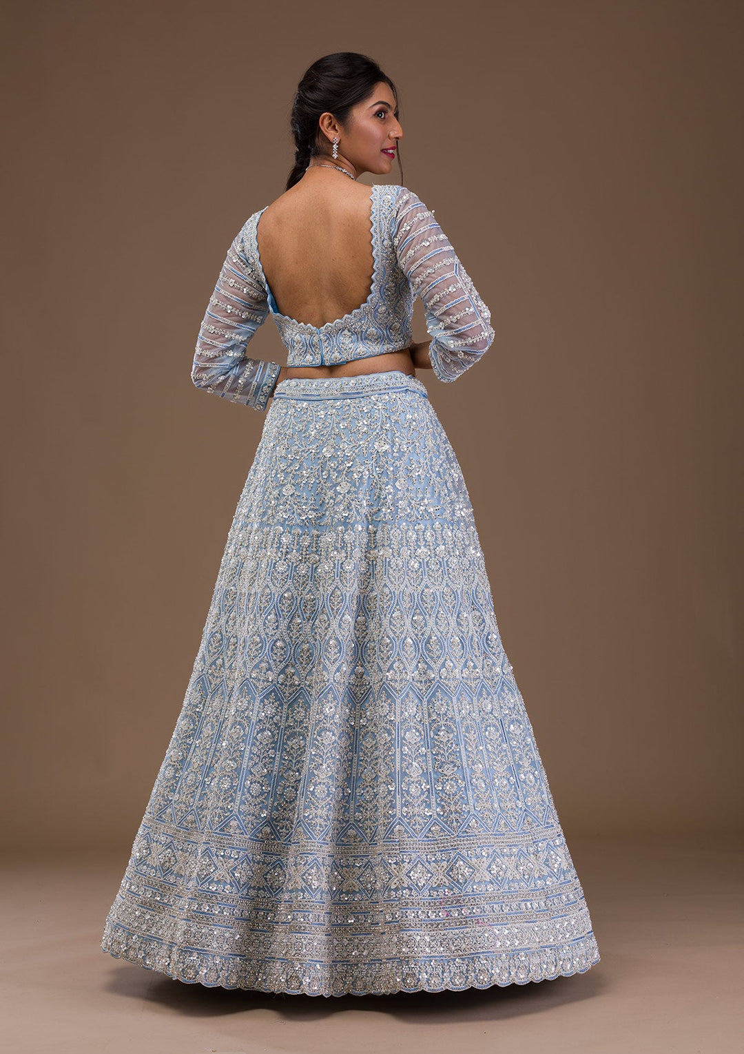 Sky Blue Pearlwork Net Readymade Lehenga-Koskii