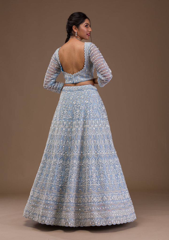 Sky Blue Pearlwork Net Readymade Lehenga-Koskii
