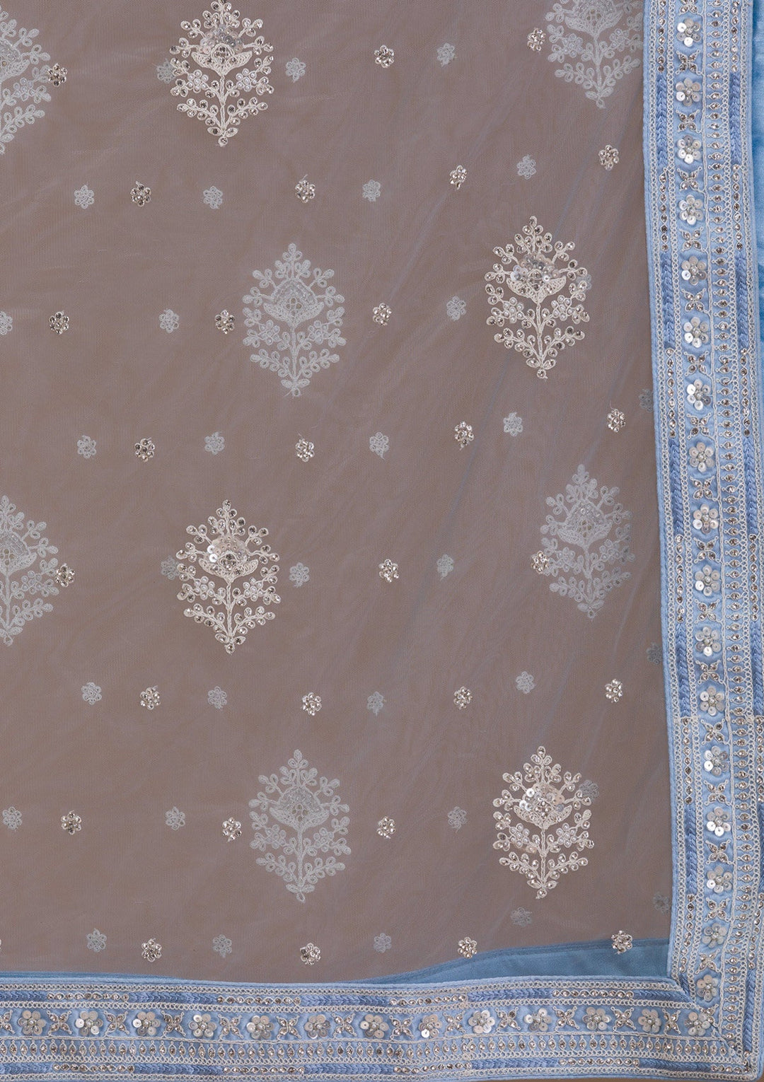 Sky Blue Pearlwork Net Readymade Lehenga-Koskii