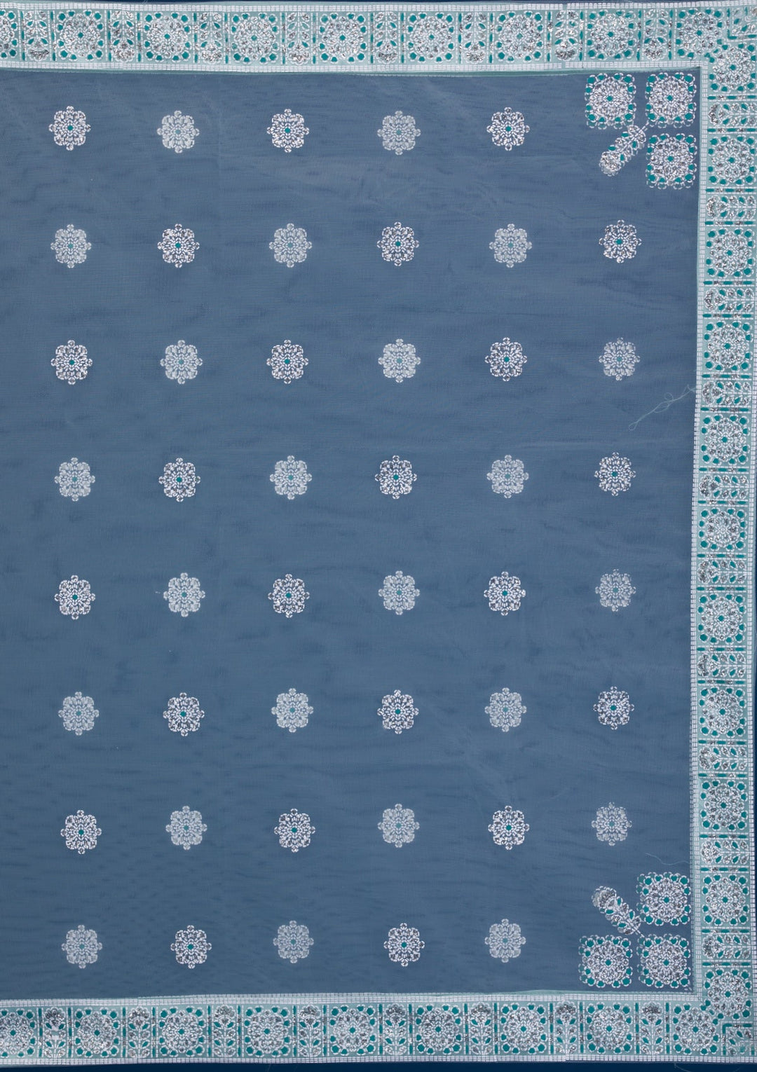 Sky Blue Print Net Readymade Lehenga-Koskii