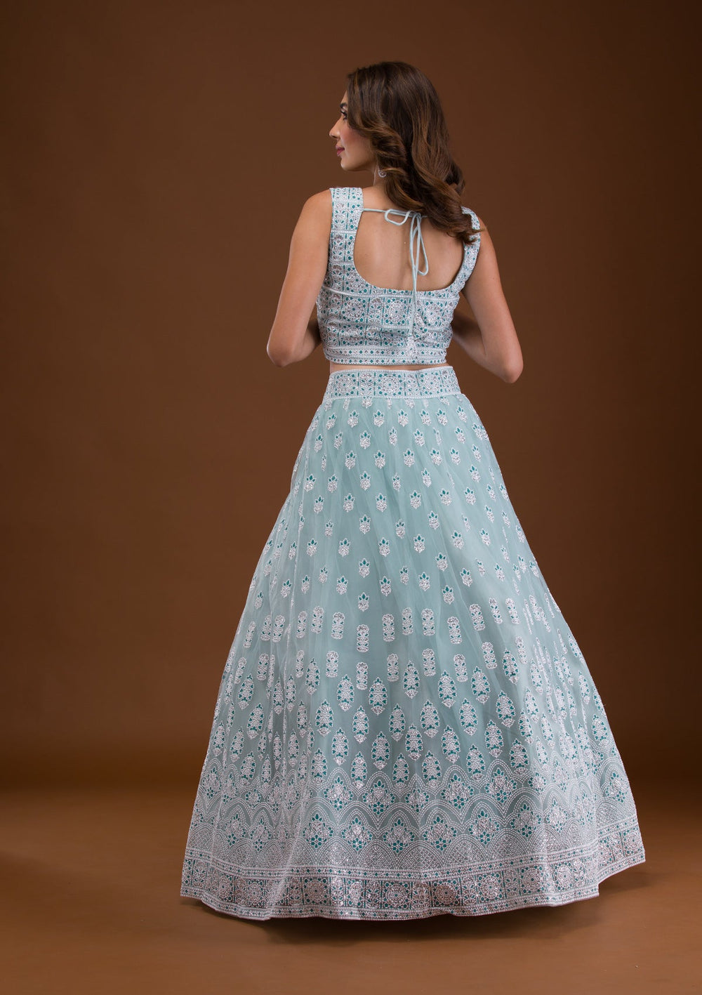 Sky Blue Print Net Readymade Lehenga-Koskii
