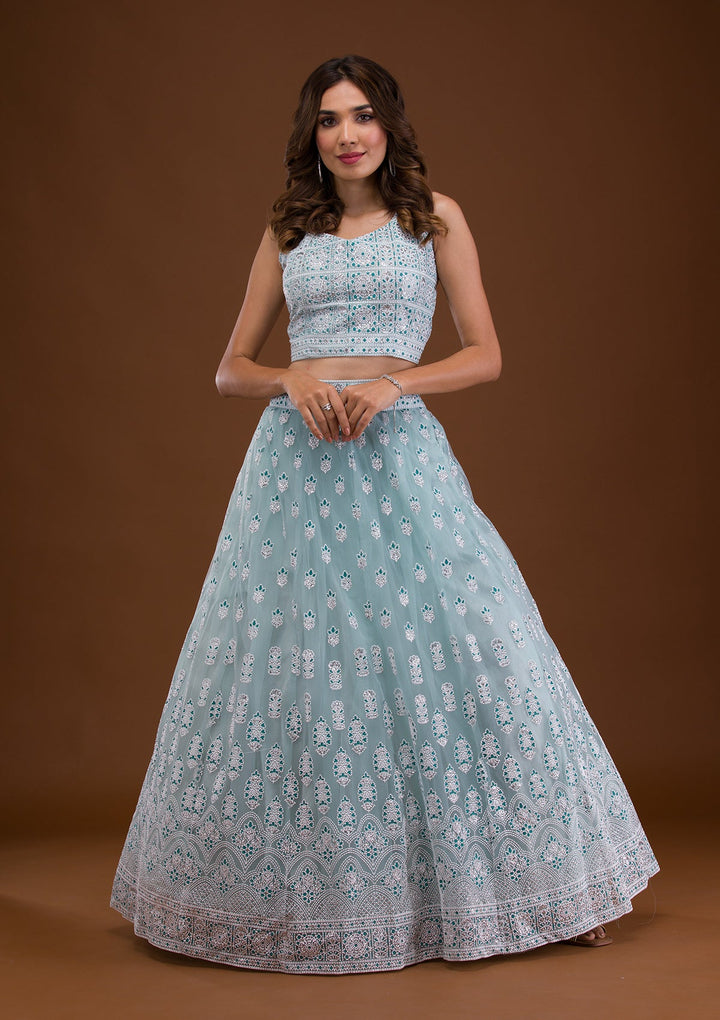 Sky Blue Print Net Readymade Lehenga-Koskii
