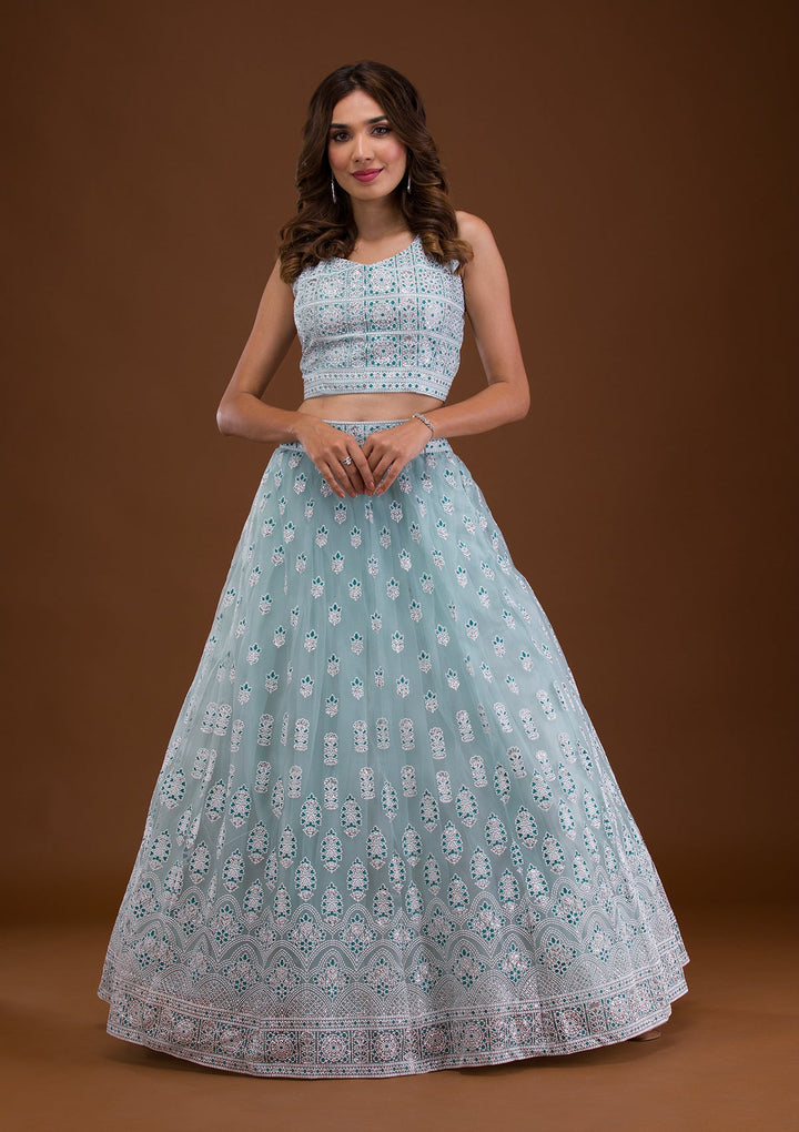 Sky Blue Print Net Readymade Lehenga-Koskii