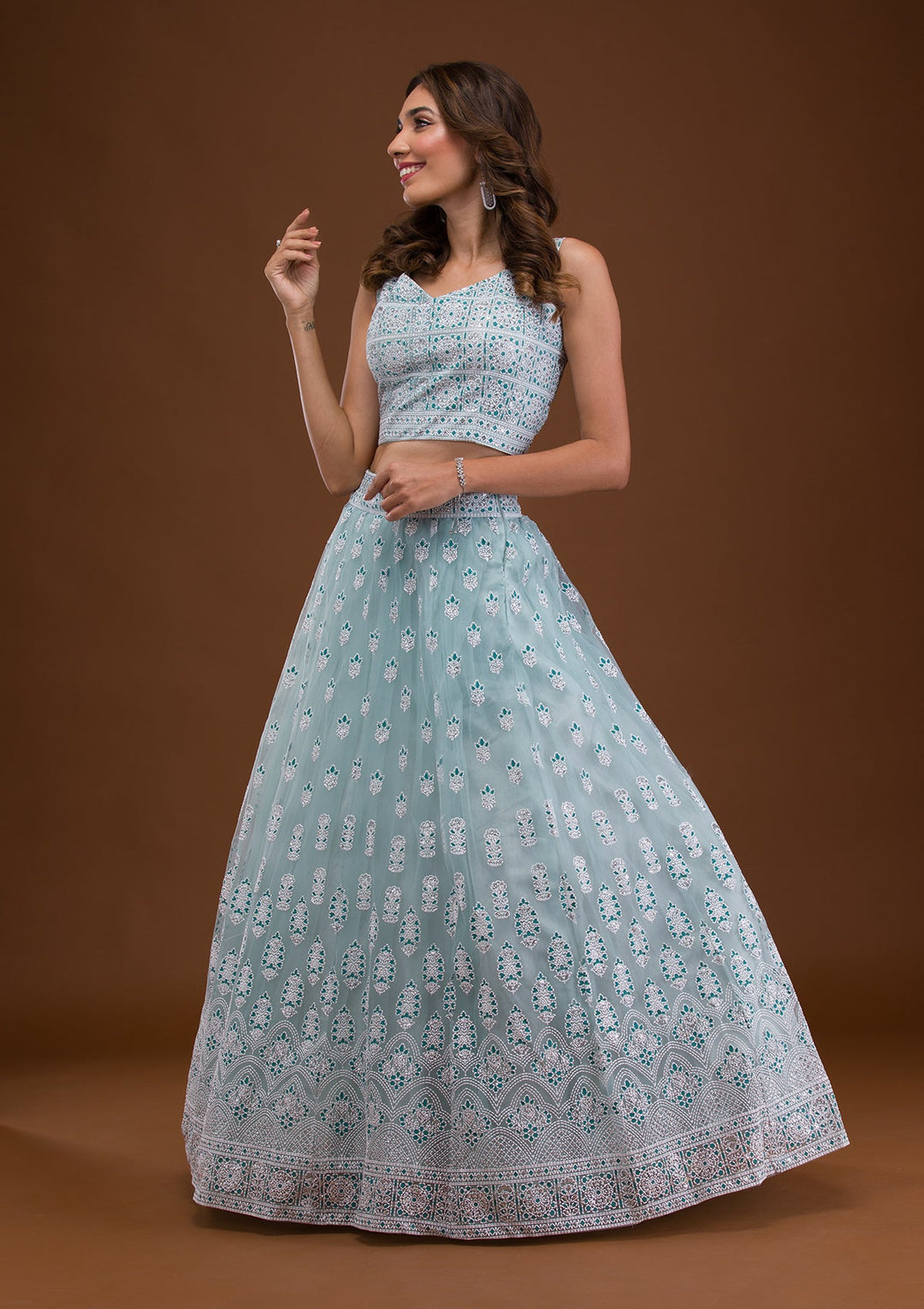 Sky Blue Print Net Readymade Lehenga-Koskii