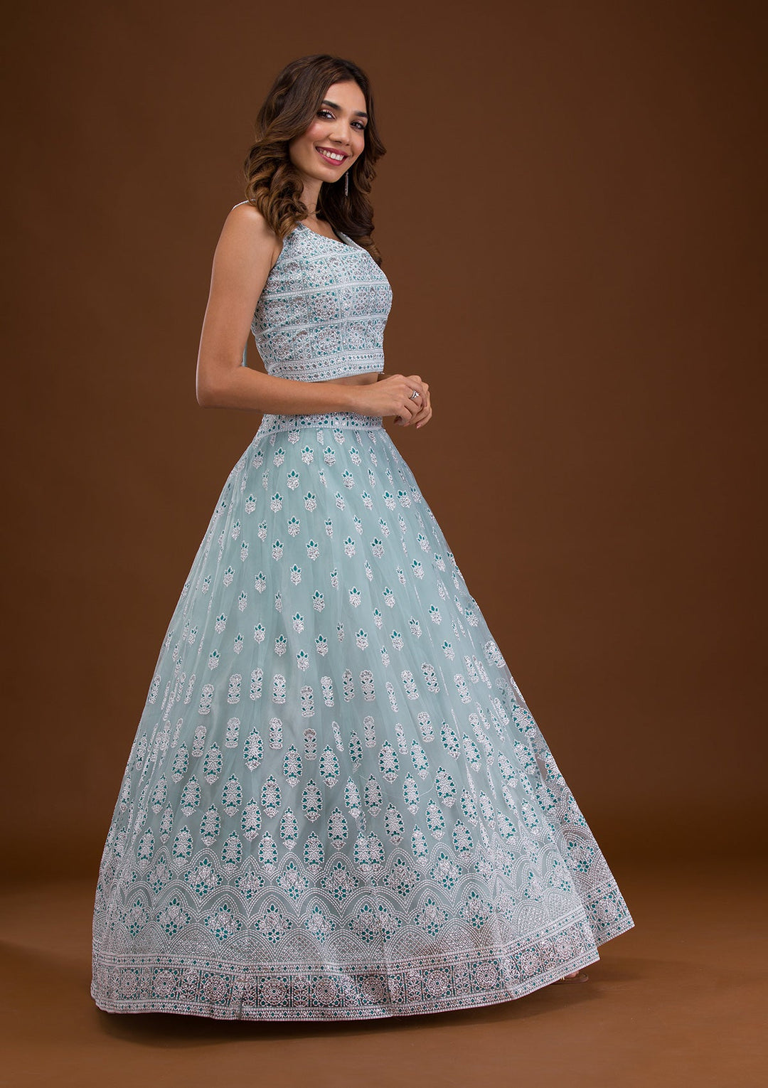 Sky Blue Print Net Readymade Lehenga-Koskii