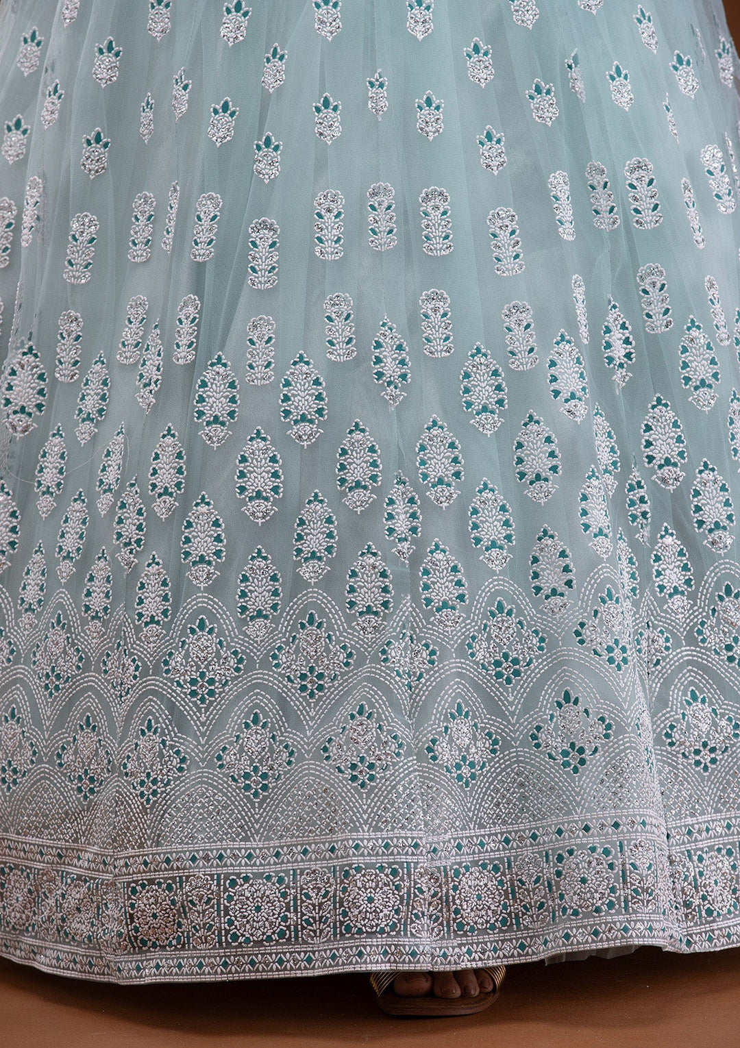 Sky Blue Print Net Readymade Lehenga-Koskii
