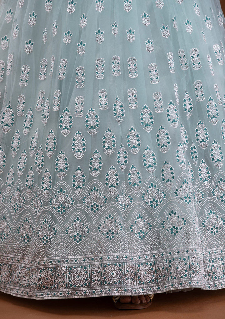 Sky Blue Print Net Readymade Lehenga-Koskii