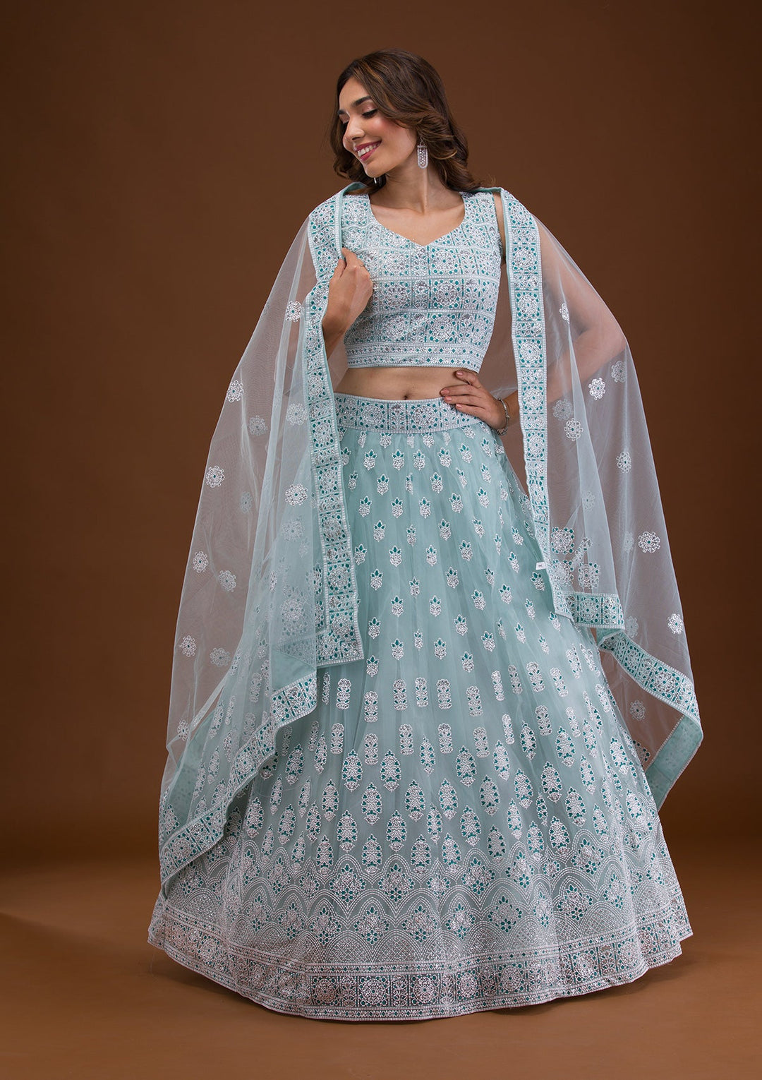 Sky Blue Print Net Readymade Lehenga-Koskii