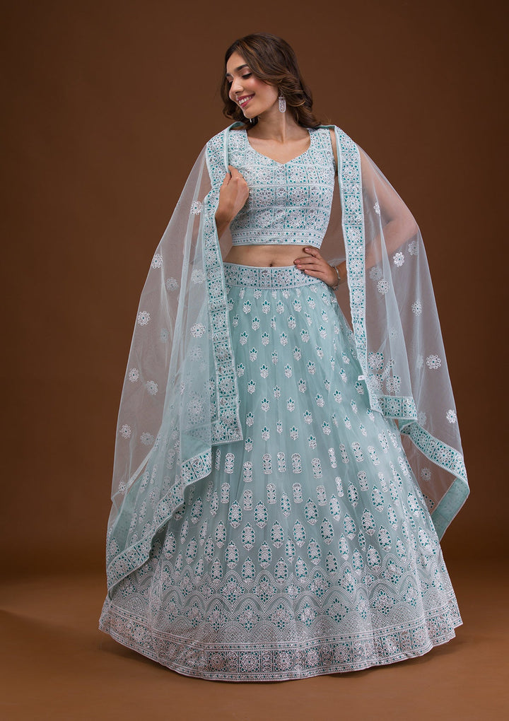 Sky Blue Print Net Readymade Lehenga-Koskii