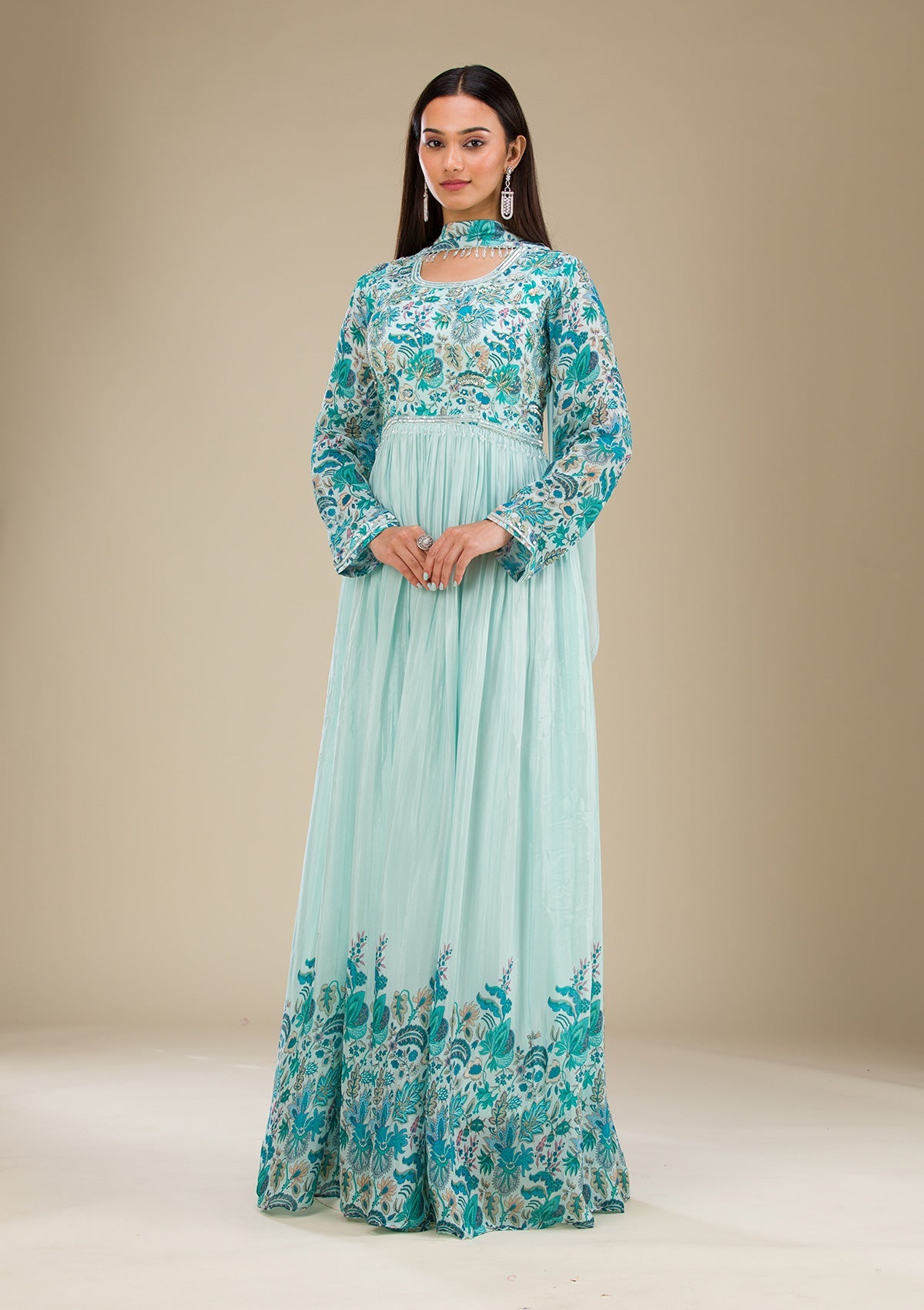 Sky Blue Printed Georgette Readymade Salwar Suit-Koskii