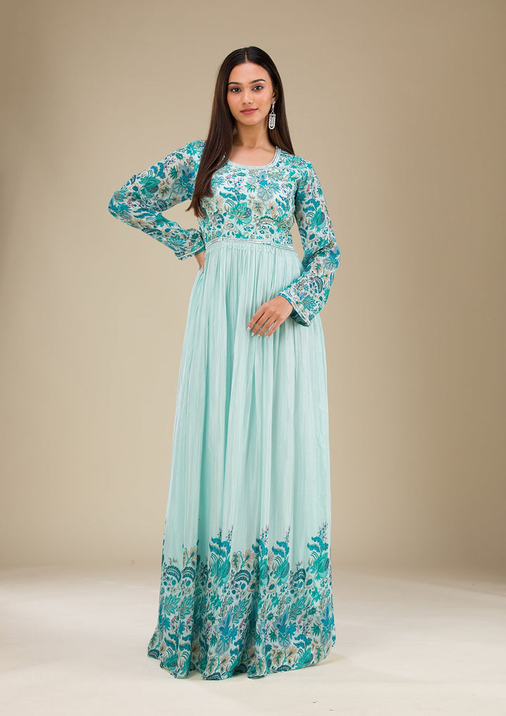 Sky Blue Printed Georgette Readymade Salwar Suit-Koskii