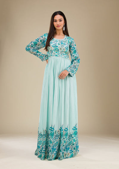 Sky Blue Printed Georgette Readymade Salwar Suit-Koskii