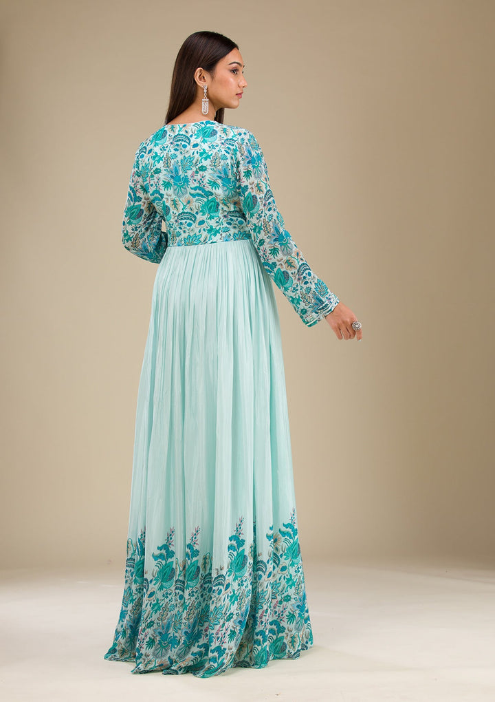Sky Blue Printed Georgette Readymade Salwar Suit-Koskii