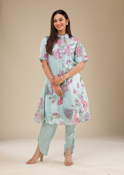 Sky Blue Printed Organza Readymade Salwar Suit-Koskii