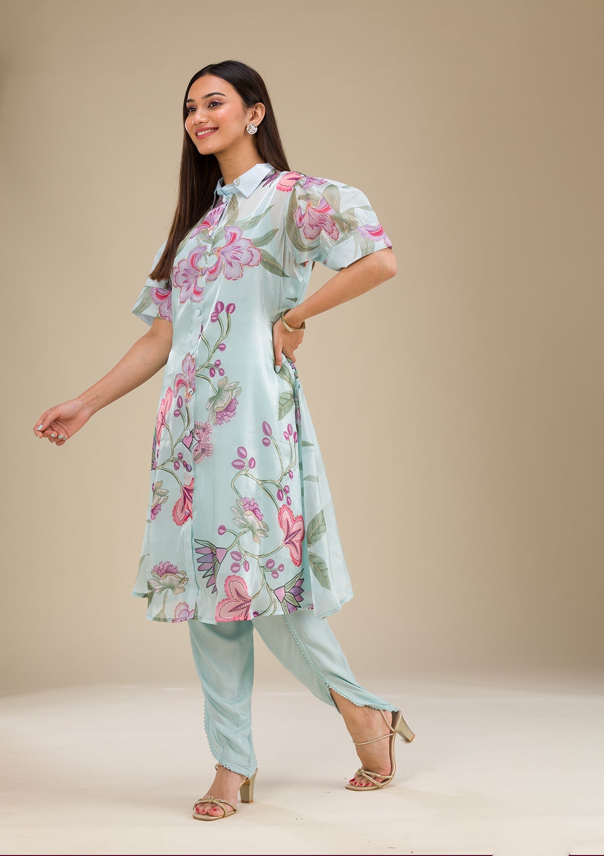 Sky Blue Printed Organza Readymade Salwar Suit-Koskii