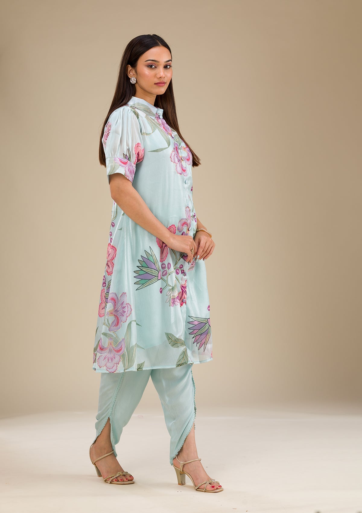 Sky Blue Printed Organza Readymade Salwar Suit-Koskii