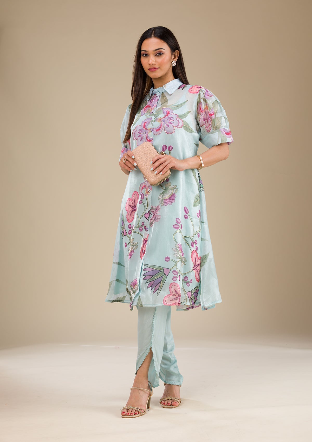 Sky Blue Printed Organza Readymade Salwar Suit-Koskii