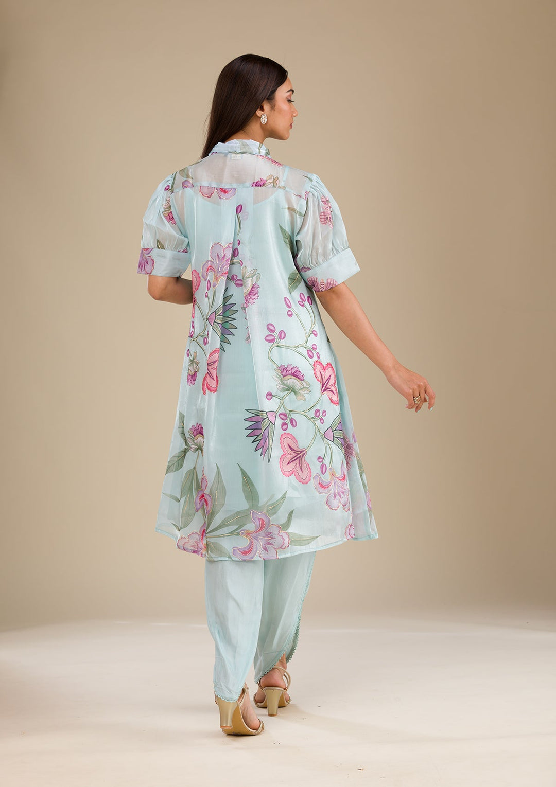 Sky Blue Printed Organza Readymade Salwar Suit-Koskii