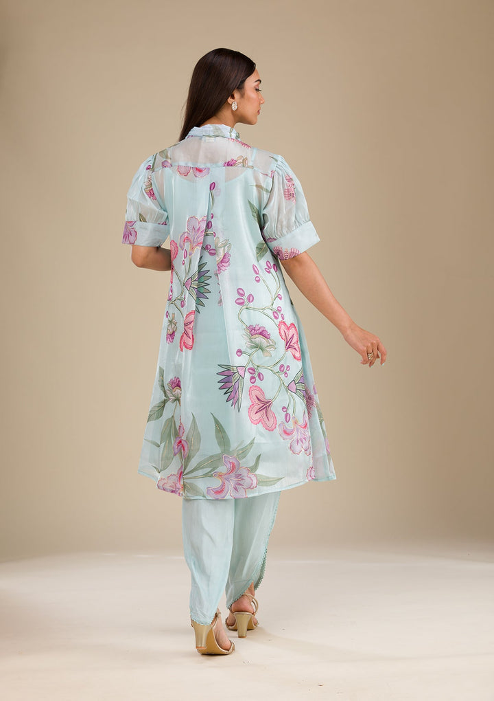 Sky Blue Printed Organza Readymade Salwar Suit-Koskii