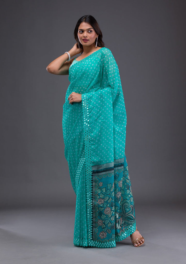 Pista Green Stonework Georgette Designer Saree-Koskii