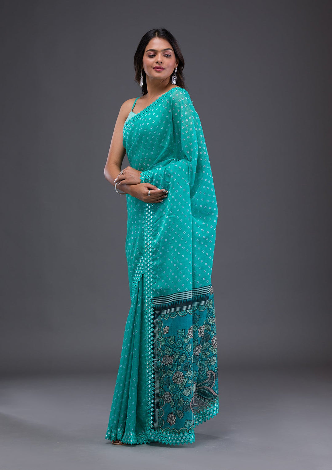 Pista Green Stonework Georgette Designer Saree-Koskii