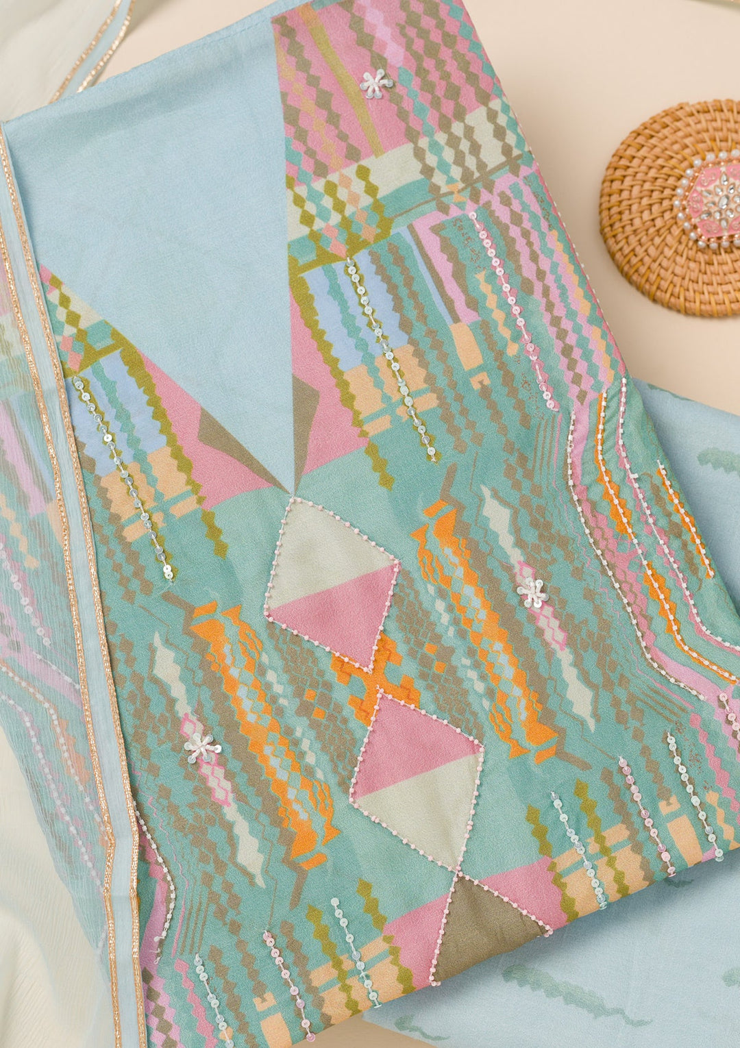 Sky Blue Printed Semi Crepe Unstitched Salwar Suit-Koskii