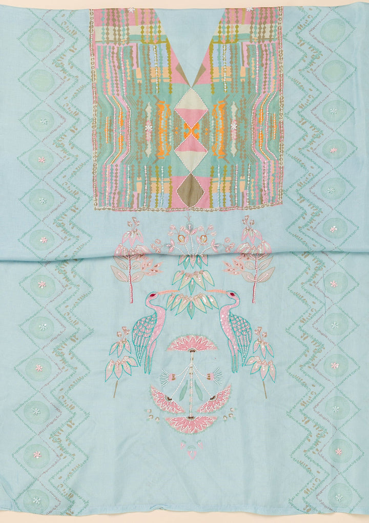 Sky Blue Printed Semi Crepe Unstitched Salwar Suit-Koskii