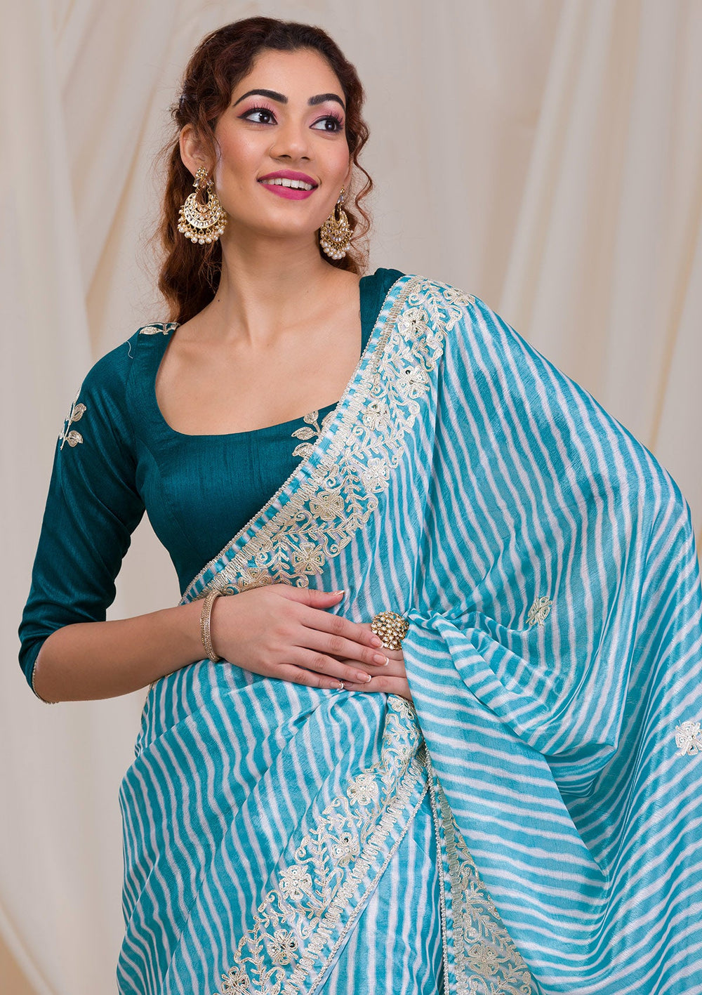 Sky Blue Printed Semi Crepe Saree-Koskii
