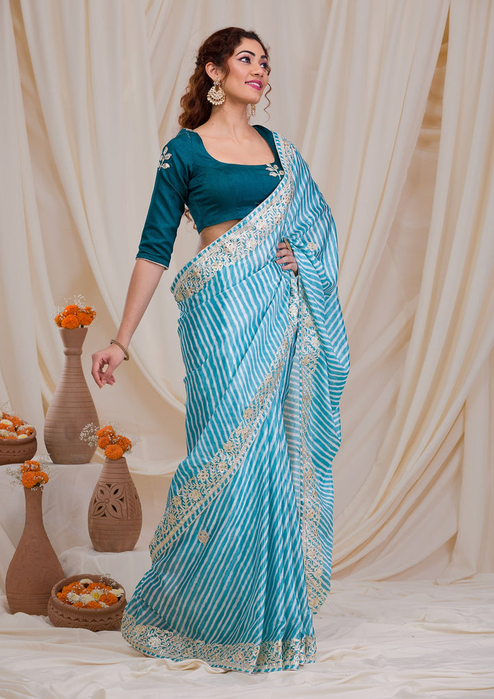 Sky Blue Printed Semi Crepe Saree-Koskii