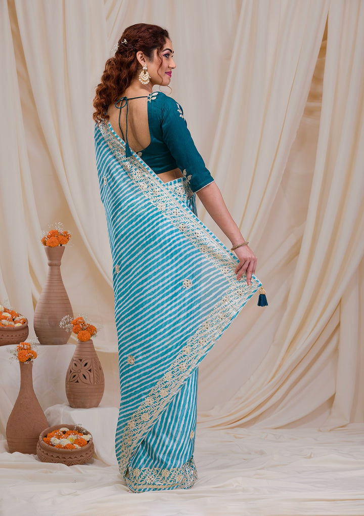 Sky Blue Printed Semi Crepe Saree-Koskii