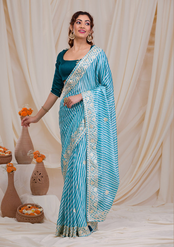Sky Blue Printed Semi Crepe Saree-Koskii