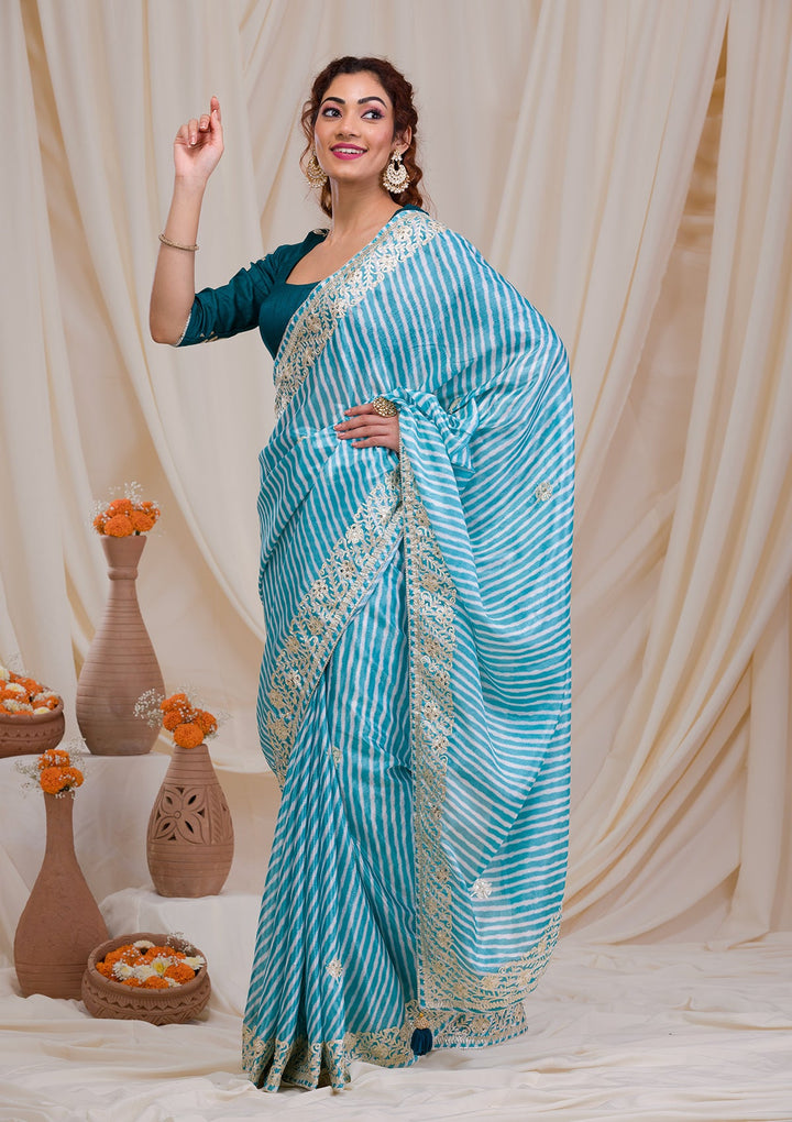 Sky Blue Printed Semi Crepe Saree-Koskii