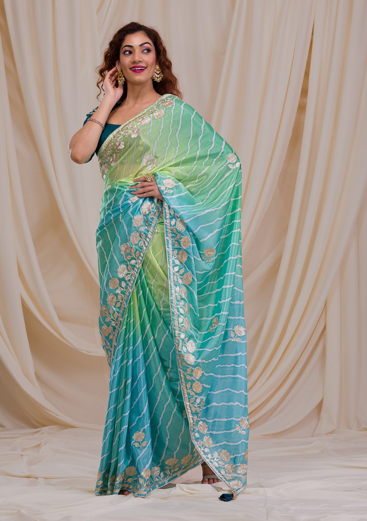 Sky Blue Printed Semi Crepe Saree-Koskii