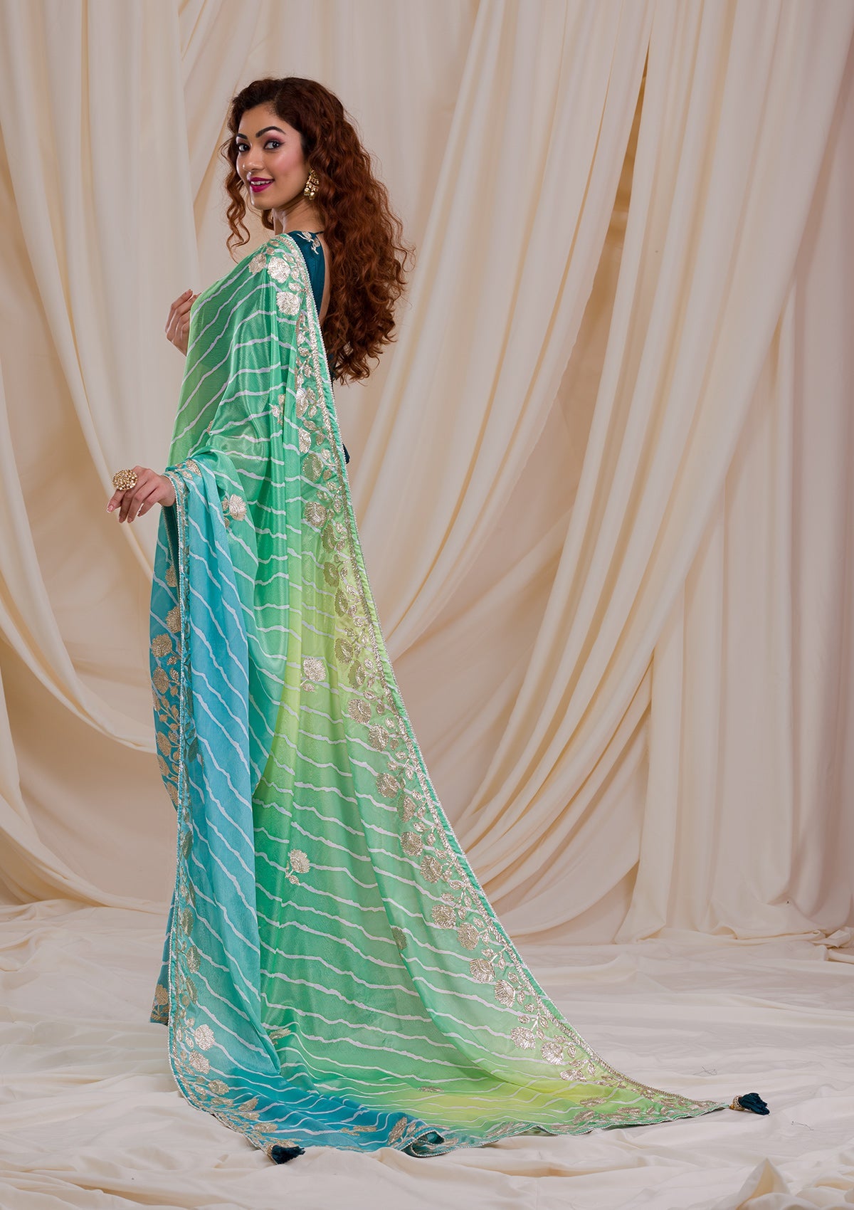 Pista Green Stonework Satin Designer Saree-Koskii