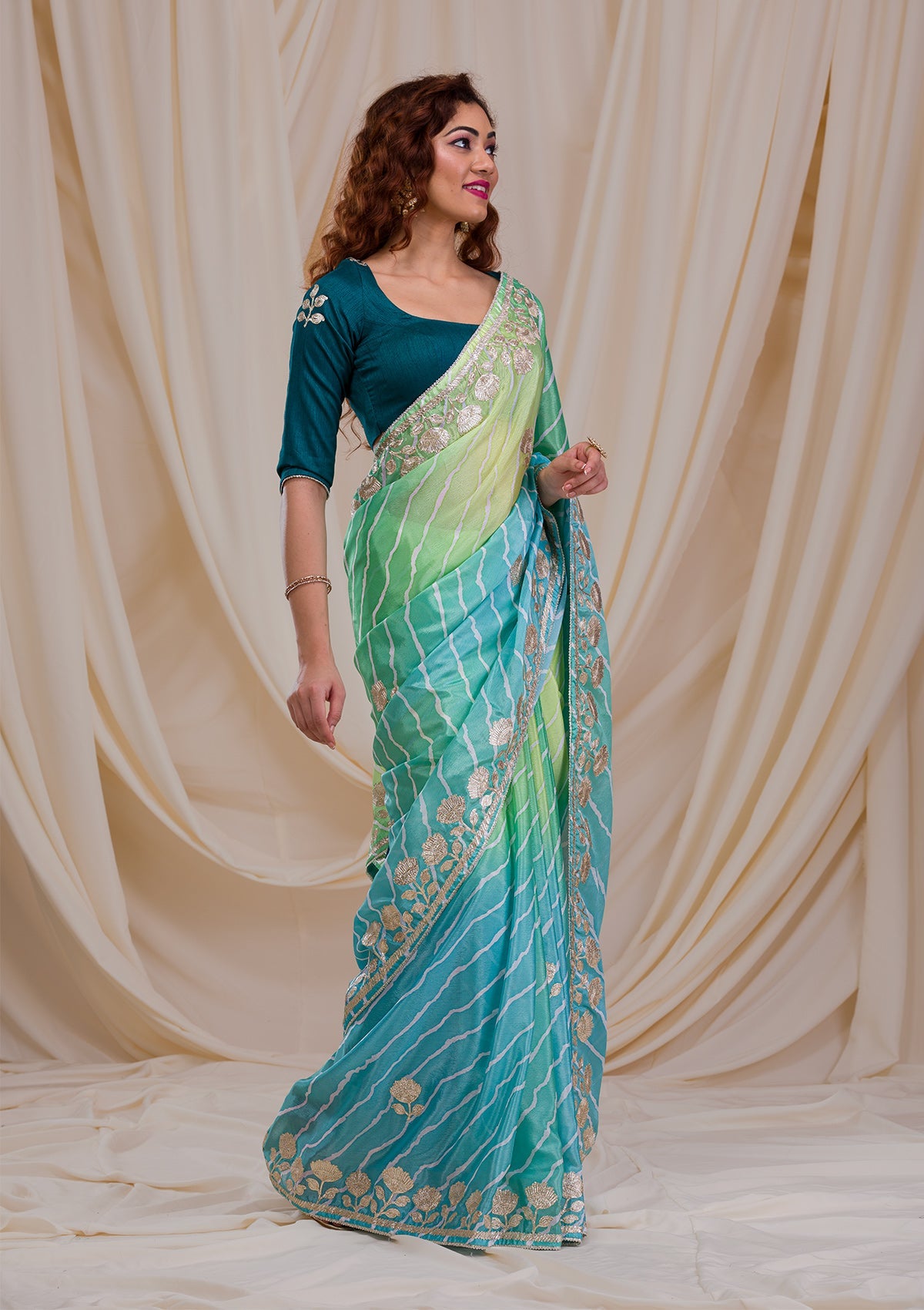 Pista Green Stonework Satin Designer Saree-Koskii