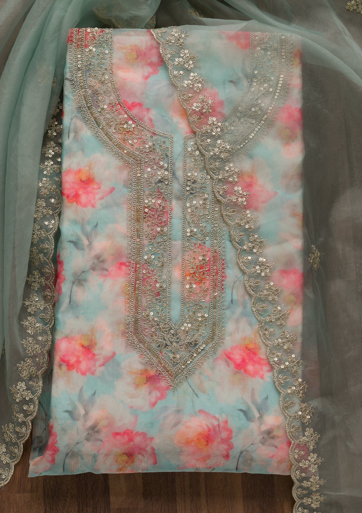 Sky Blue Printed Tissue Unstitched Salwar Suit-Koskii