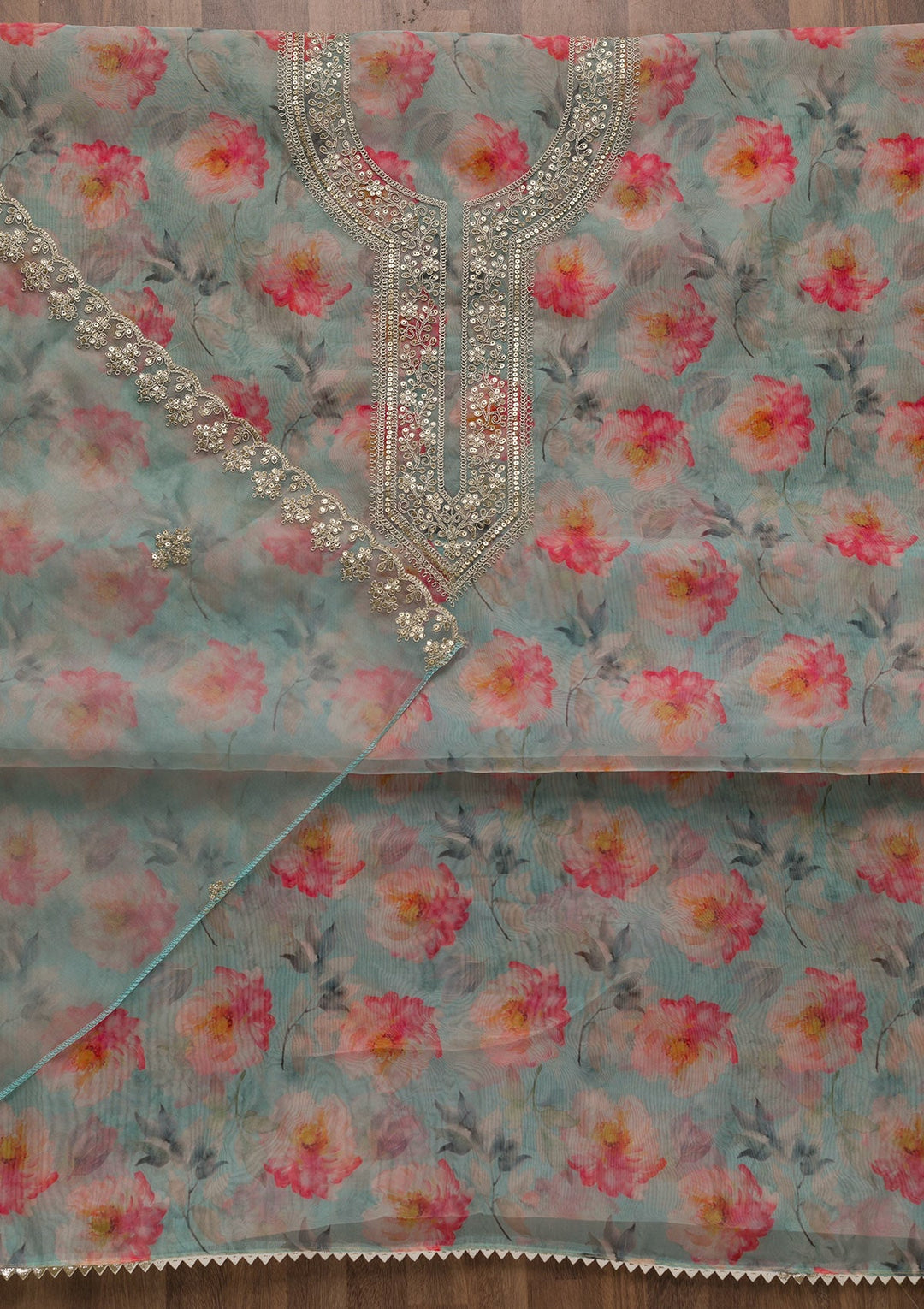 Sky Blue Printed Tissue Unstitched Salwar Suit-Koskii