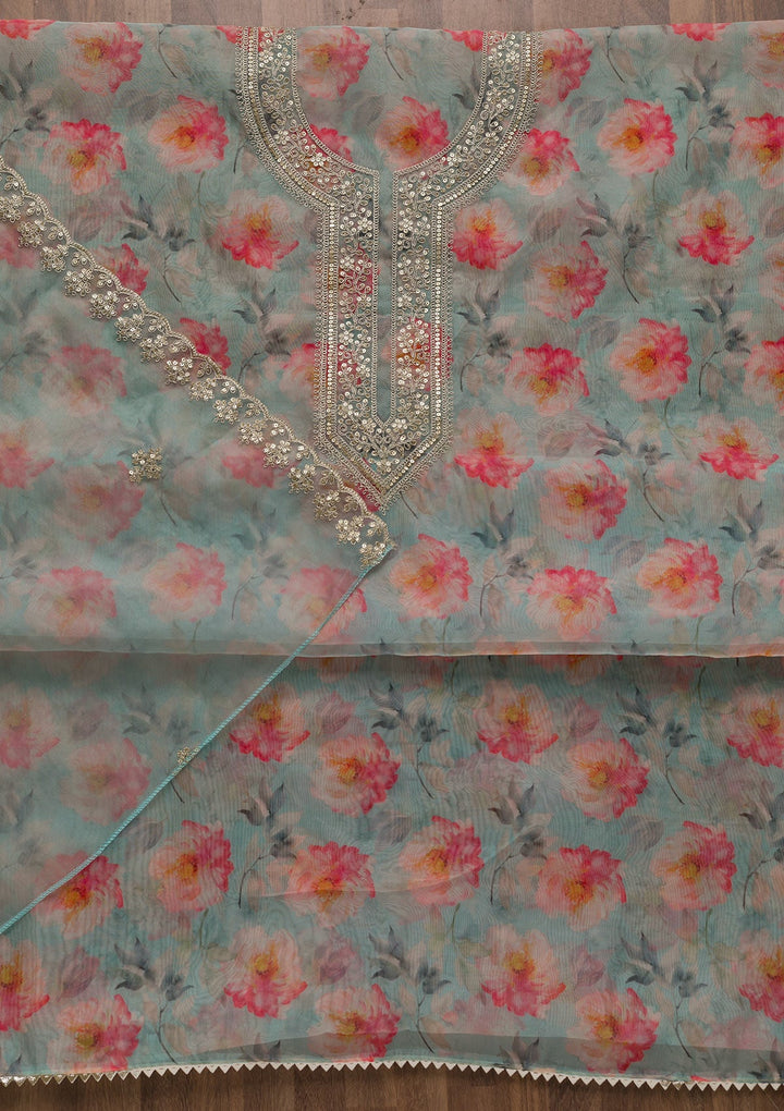 Sky Blue Printed Tissue Unstitched Salwar Suit-Koskii