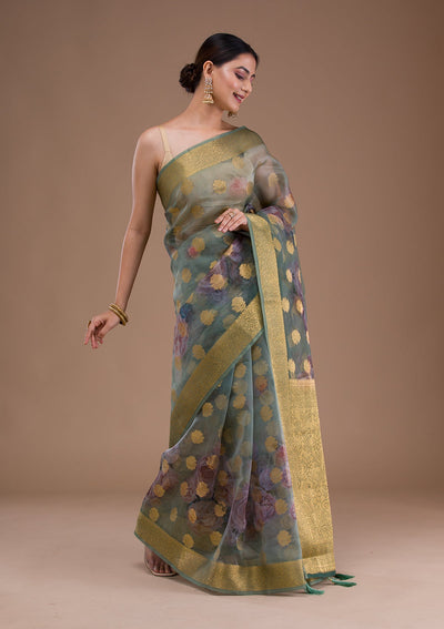 Bottle Green Stonework Satin Designer Saree-Koskii