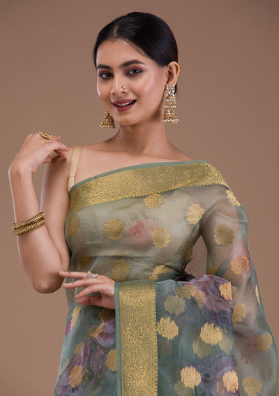 Bottle Green Stonework Satin Designer Saree-Koskii