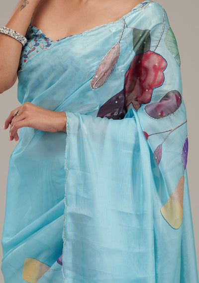 Sky Blue Printed Tissue Saree-Koskii